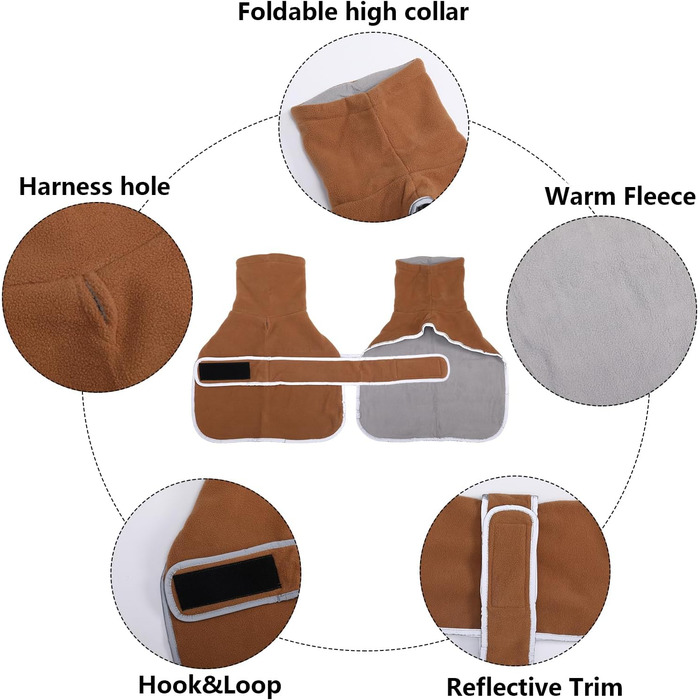Теплий зимовий одяг для такси (дворняг та мініатюрних) - куртка з регулюванням, з отвором для шлейки, коричнева, розмір XS (довжина спини 31-33 см)