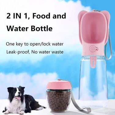 ДомКім портативна пляшка для води та корму для собак, 550 мл, рожева - для прогулянок, подорожей, цуценят