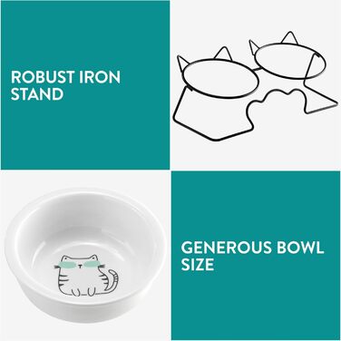 Навіс Keramik Katzennapf mit Metallständer - Erhöhter Katzennapf - Katzennapf Keramik - Katzennapf erhöht - Futterstation Katzen - Spülmaschinen- und Mikrowellensicher Weiß/Grün (Schwarz/Weiß)