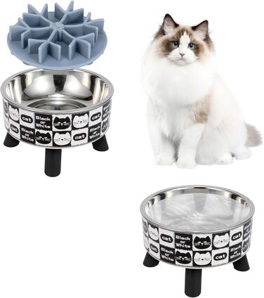 Набір мисок для котів з повільним годуванням (2 шт.), широкі, з нержавіючої сталі, пластикова підставка, силікон, повільний годівник, зручні для котів, годівниця для води та корму, станція годування для котів