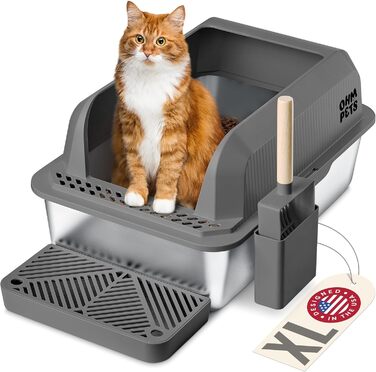 OHM Pets XL Лоток для котів з нержавіючої сталі 20 л – антипригарний, велика котяча туалетна коробка, металевий лоток із високими бортами, лопатка та піддон у комплекті, не іржавіє, не протікає