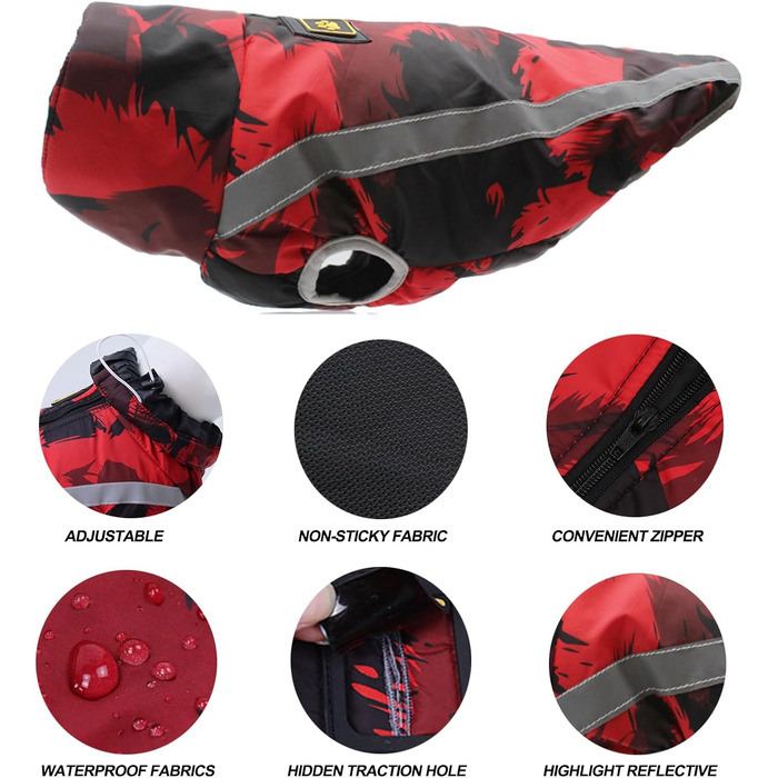 Водонепроникний собачий плащ: тепла зимова куртка, жилет для собачого спорту, одяг для домашніх тварин з отвором для шлейки, світловідбиваючими смугами, середній/великий розмір, вітронепроникний костюм, одяг для собак, білий/чорний (5XL, червоний)