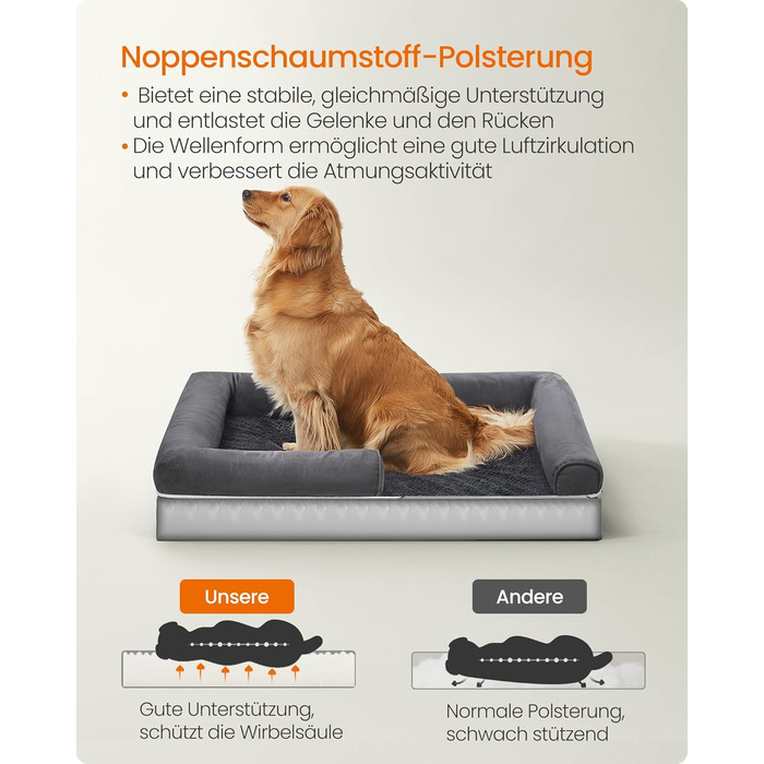 Ортопедичне ліжко для собак Feandrea, м'яке, з піднятими бортиками, знімний чохол, 112 x 86 x 18 см, антиковзаюча підставка, темно-сірий