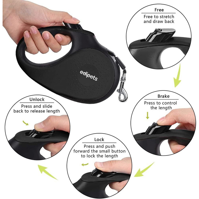Нашийник для собак Edipets, висувний поводок 5 м, нейлон, 360°, чорний (M)