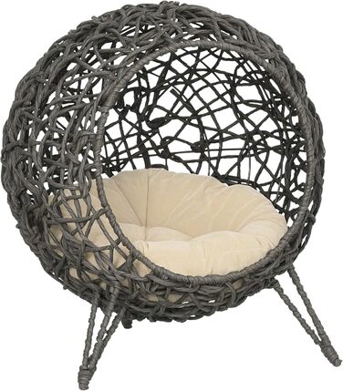 Павучий дім для котів PawHut з ротангу з подушкою, котячий будиночок, котяча печера з піднятими ніжками, сріблясто-сірий, Ø52 x 58 см