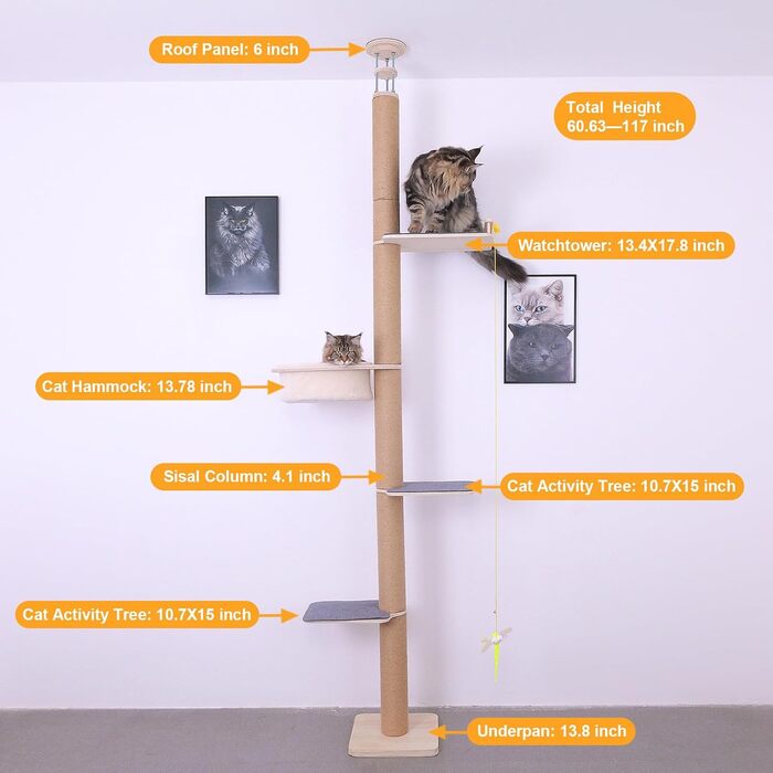 Кліматичний комплекс для котів 4-ярусний з аксесуарами, регульована висота (152,4–289,6 см), плюшеві стійки та великий гамак