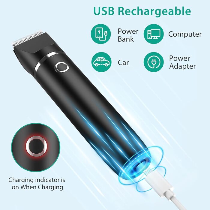 Триммер для тварин ORIA 2-в-1: машинка для стрижки собак та котів, USB, водонепроникна IPX7, тиха, з 2 насадками, білий/чорний
