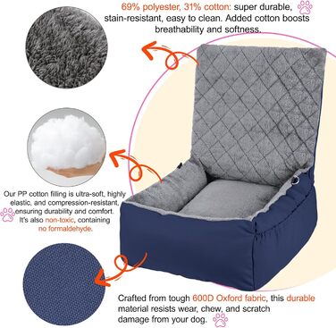 Автомобільний лежак для собак маленьких та середніх порід – м'який плюшевий лежак з кишенею для зберігання, стійкий до подряпин, для заднього та переднього сидіння, з ременем безпеки, блакитний, колір 03