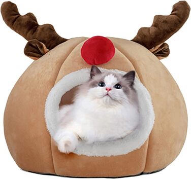Кругле ліжко для домашніх тварин: котів, собак, кроликів. З м'якого матеріалу, у вигляді наметового будиночка з оленем на тему Різдва.