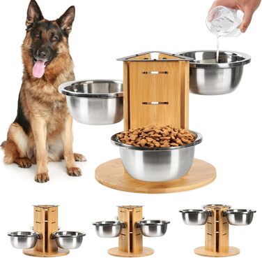 Підвищений годівниця для великих собак, регульована висота, 3 миски з нержавіючої сталі 1400 мл, годівниця-станція на 3 сторони, підставка для собак з дерева та срібла
