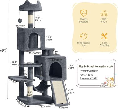 Кігтеточка YITAHOME XXL для котів, 137 см, сіра: 8 стовпів з сизалю, 3 платформи, 2 печери, гамак, іграшки