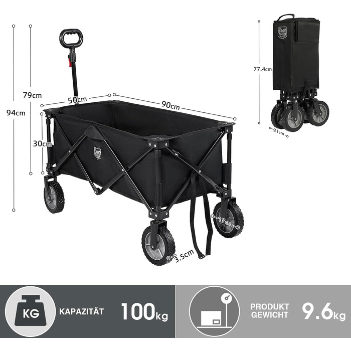 TIMBER RIDGE XXL: Садовий візок-трансформер з кишенями та тримачем для напоїв, для всіх типів місцевості, чорний