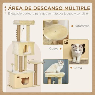 Велика дряпка для котів PawHut 60x34x136 см з платформами, знімними плюшевими будиночками, джутовими стовпчиками та підвісним м’ячиком, бежева