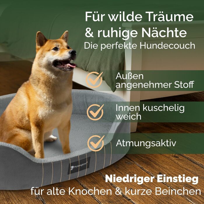 Ортопедичне ліжко для собак Pfotenglanz: зручне та м'яке ліжко-корзина для собак середніх порід. Розмір 85x65 см, з вологостійким покриттям, ковзаючою основою та м'якою матрацом з холодним пінополіуретаном. Сірий колір.