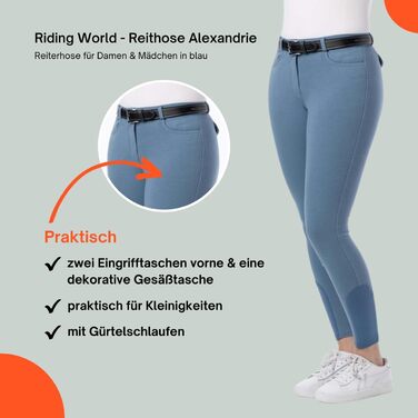 Верхні штани для верхової їзди Riding World Alexandrie для жінок та дітей | Штани для верхової їзди з накладкою на колінах з тканини | з кишенями спереду | Легінси для верхової їзди в шести кольорах | Екіпірування для верхової їзди розмір 104-176 та 32-44