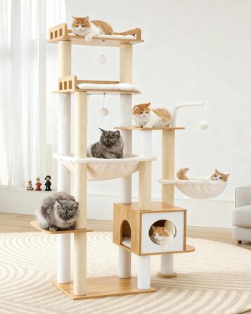 Дерев'яний котячий комплекс Heybly Kratzbaum HCT121WB: 179 см, платформа, будиночок, гамак, сизаль, стабільний, легка збірка