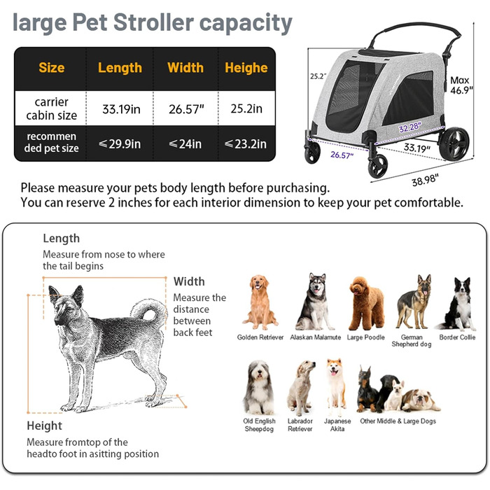 Візок для собак EchoSmile для середніх та великих собак до 70 кг, сірий, складний, з сітчастими віконцями та регульованою ручкою, 4 проходимі колеса