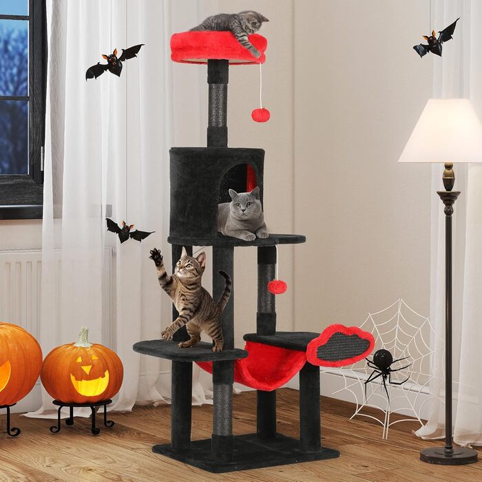 Котячий комплекс YITAHOME XXL, 142 см, з 8 стовпчиків сизалю, 3 платформи, 2 печери, гамак, іграшки, чорно-червоний