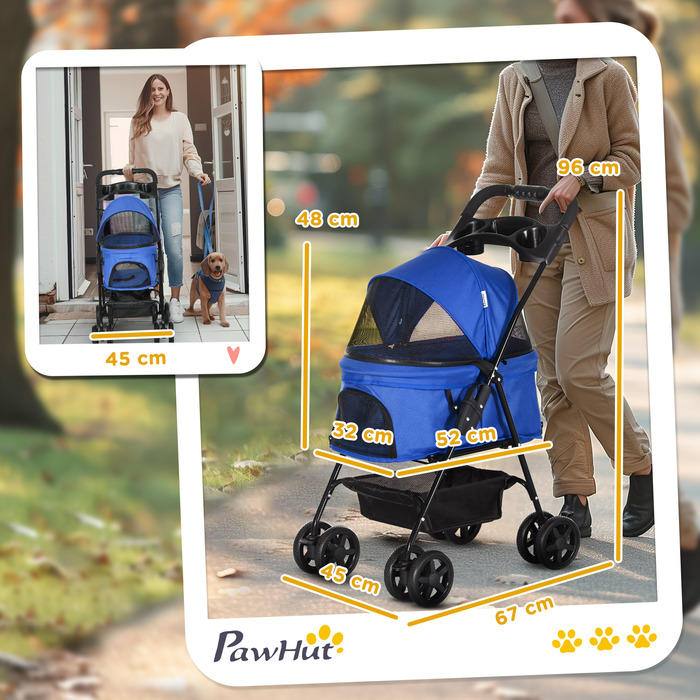 PawHut Dog Stroller Dog Buggy з функцією складання Коляска для маленьких собак і кішок Коляска для домашніх тварин Cat Buggy Oxford Blue 67 x 45 x 96 см | Аосом