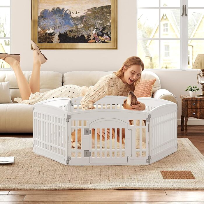Клітка для цуценят GYMAX 60/75 см, біла, з 6 панелей, з замком та фіксаторами, для дому та вулиці