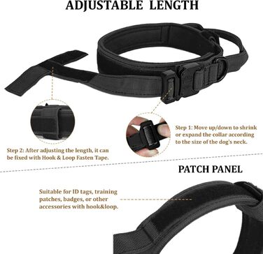 Тактичний нашийник для собак з ручкою та повідок, військовий стиль, м'яка підкладка, нейлон, регульований, для середніх та великих собак, чорний P7-L