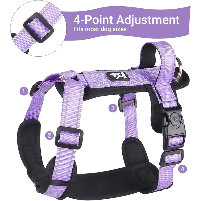 Нашийник для собак XL фіолетовий - зручний, світловідбиваючий, анти-тяга, з ручкою, для собак середніх порід