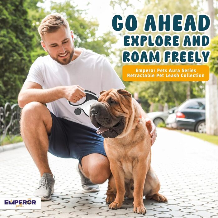 Рулетка для собак Emperor Pets Aura BW26, біла, до 50 кг, міцна, з антиковзною ручкою та світловідбиваючою стрічкою, для середніх і великих порід