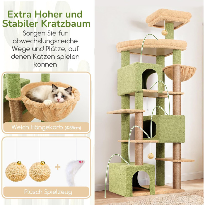 Комплекс для котів Globlazer XXL (203 см) для 4-6 великих котів, з 3 будиночками, платформами, кошиком та іграшками, стійкий, зелений