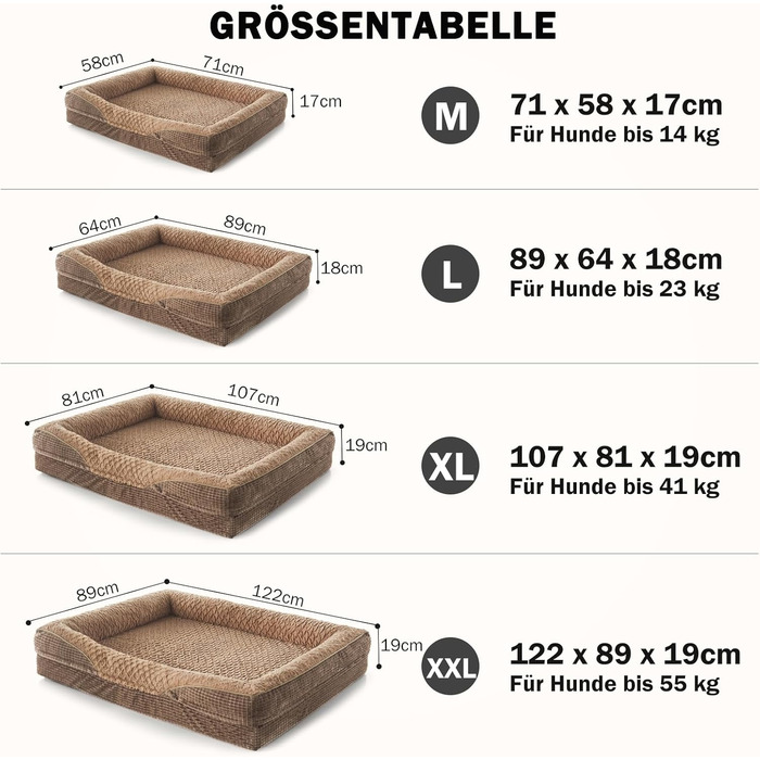 Ортопедичне ліжко для собак FURTIME, середнього та великого розміру, з піною з пам'яті, знімний та миючий кошик для собак, антиковзаючі ліжечка для собак, диван для собак з високим бортиком, 89 x 64 x 18 см (XL(107x81x19cm), Колір: Коричневий)