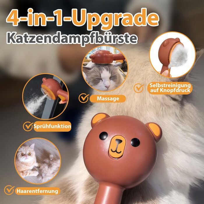 Парфумерна щітка для котів з розпилювачем, 4-в-1: видалення шерсті, масаж, розпилення, самоочищення, водонепроникна IPX7, для котів та собак, білий/коричневий колір