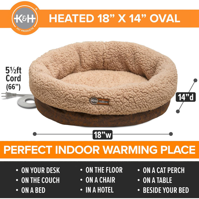 K&H PET PRODUCTS Термо-лежак для котів і малих собак, круглий, з підігрівом, для дому, велике тепле ліжко для котів
