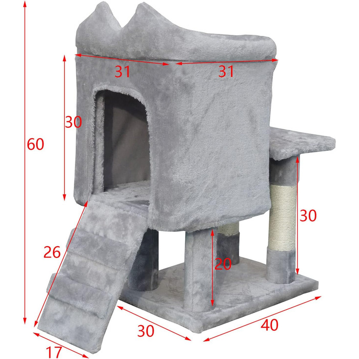 Дряпка для котів Fudajo 60 см з будиночком, платформами та ігровими елементами, покриття сизаль, сірий колір