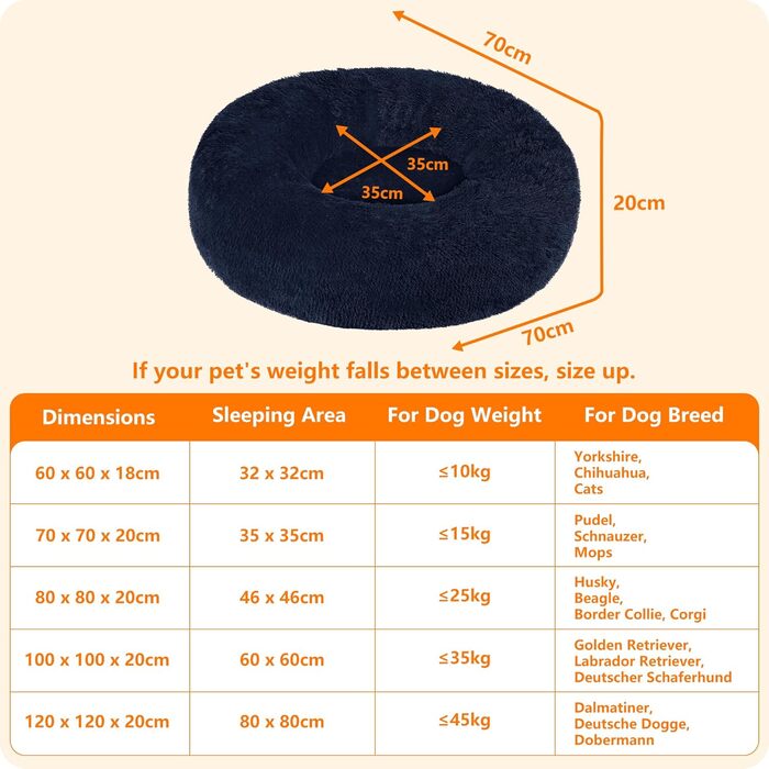 Ортопедичне ліжко для собак, кругле, м'яке, для котів та собак, 70 см, Navyblau (темно-синій)