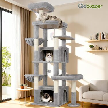 Комплекс для котів Globlazer XXL 192 см з двома печерами, платформами та стовпчиком з сизалю для великих котів (до 5) - світло-сірий