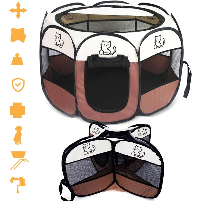 Клітка-вольєр для цуценят та тварин, 74x74x43 см, для собак, котів, кроликів та дрібних тварин, для використання в приміщенні та на вулиці (колір коричневий, восьмикутна)