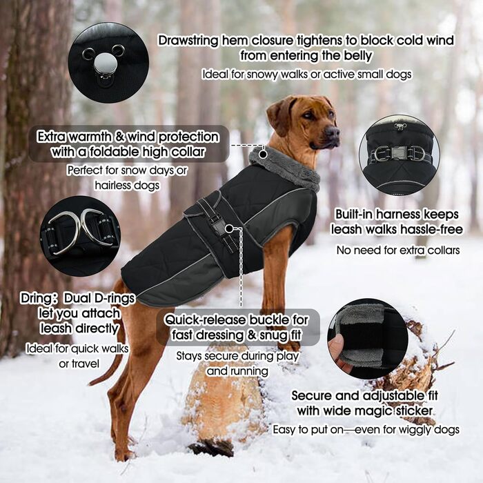 Водонепроникний зимовий теплий накидка для собак QBLEEV, чорний, середній розмір, фліс, регульований, з відбиваючими елементами