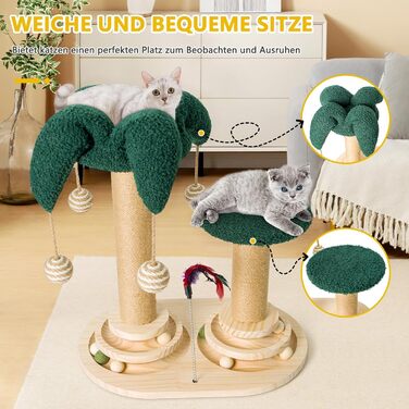 Інтерактивне котяче іграшкове комбо 6-в-1: дерев'яні меблі, кулі, пір'я, м'яч-трекер, котячий когтеточки з сизалю та джуту. Підходить для маленьких та середніх котів. Зелений колір.