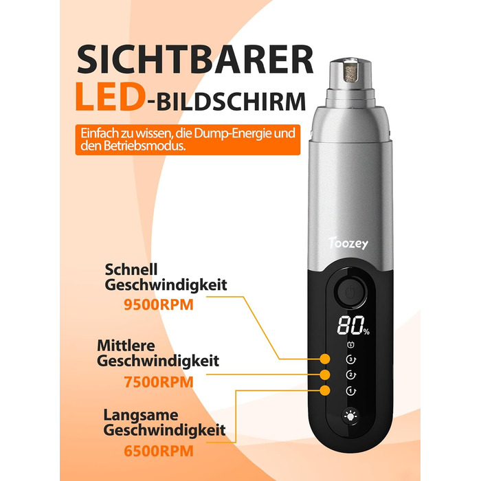 Точилка для кігтів собак Toozey з LED-підсвіткою, тиха (40 дБ), 3 швидкості, акумулятор 7,5 год, USB, для котів та собак