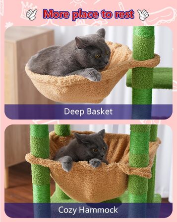 Котячий дім-дерево для великих дорослих котів, кактус, з великими платформами, будиночком, турою, 8 когтеточками, гамаком, зелено-жовтий GCT030-MGY