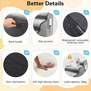 Сходинка для собак та котів на 3 сходинки, 40 см, з неслизьким покриттям. Зручна рампочка для собак та котів похилого віку, маленьких порід. Виготовлена з 30D піни, знімна та миється. Підходить для софи, ліжка, авто.