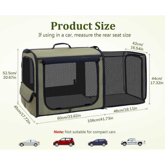 Pecute Розширювана переноска для котів та маленьких собак, переноска-трансформер, 61 x 52 x 45 см, для подорожей, темно-сірий, темно-зелений