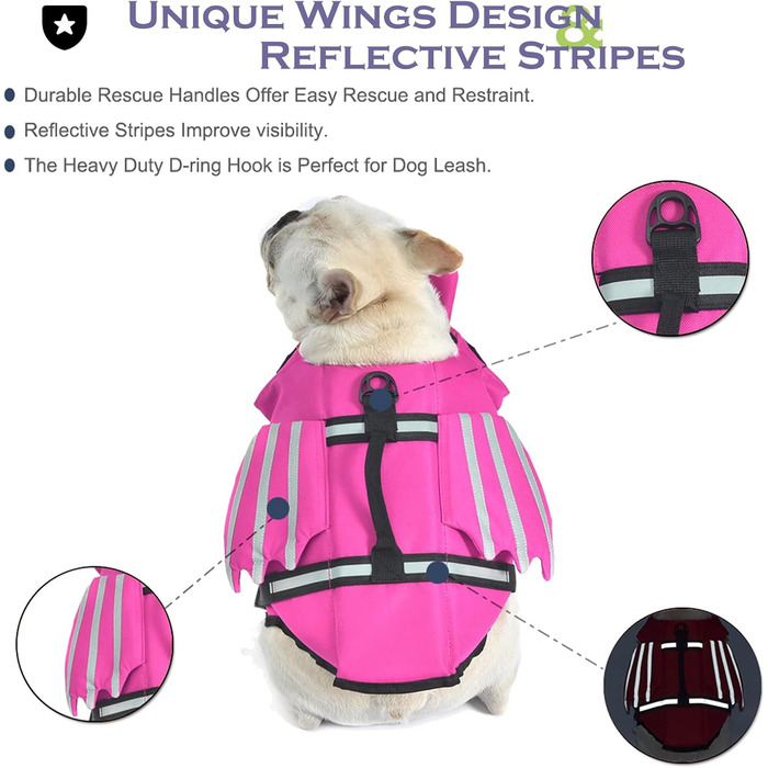 Рятувальний жилет для собак з плавниками, для собак з проблемами підборіддя, легкий та безпечний для водних видів спорту, з ручкою та світловідбиваючими елементами для малих, середніх та великих собак (L, Рожевий)