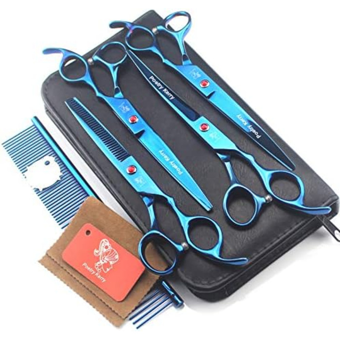 Набір для грумінгу тварин: 5 предметів. Тримерні ножиці для собак, котів та інших тварин. Набір містить: ножиці, витончувальні ножиці, вигнуті ножиці, гребінець для грумінгу, шкіряна сумка (блакитний)