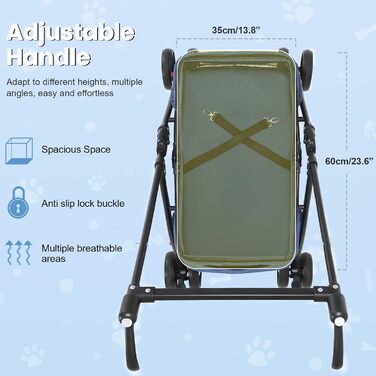 Складана візок для тварин до 10 кг з амортизаторами 360° та сонцезахистом - Легкий вигулювач для котів/маленьких собак (Чорний/Синій)