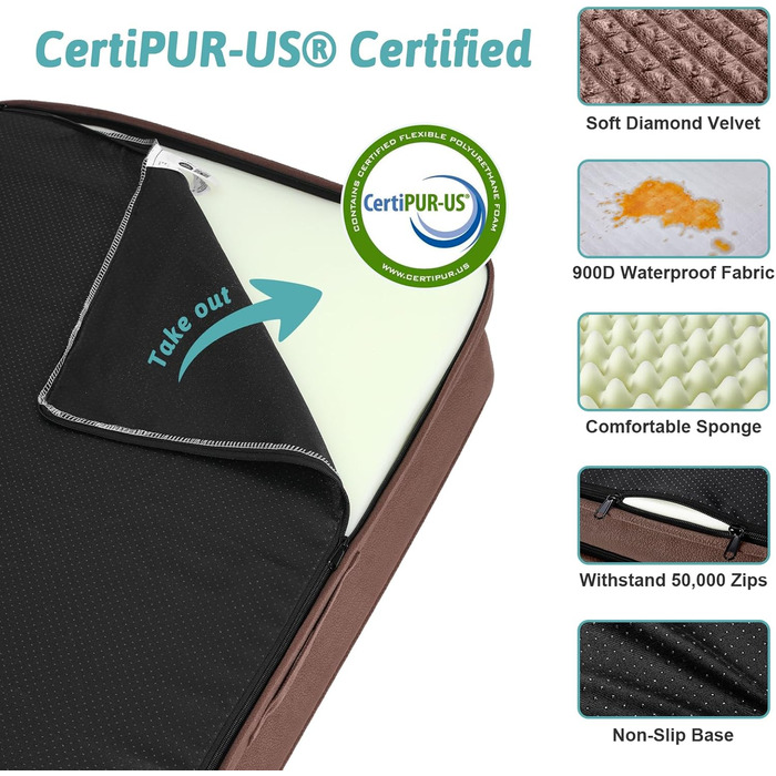 Ортопедичне ліжко для собак маленьких порід, водонепроникне диван-ліжко з бортиками, з підтримуючою піною, знімний та пральний чохол, водонепроникне дно, антиковзаюче (M 91*69*19 см, Колір: Коричневий)