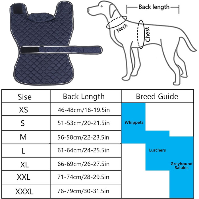 Водонепроникний зимовий одяг для породистих собак (Вінтерхаунд, Віпет, Лурчер), тепла куртка з флісовою підкладкою, для великих та середніх порід, темно-синій, розмір S (обхват спини 51-53 см)