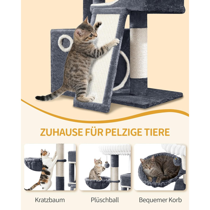 Дерево для котів Hzuaneri, 98 см: стійка конструкція, велика платформа, іграшкові м'ячики, печери, стовпчики для дряпання, дощечка для дряпання, темно-сірий MS10118SG