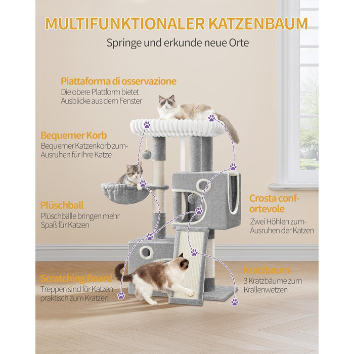Кігтеточка для котів Hzuaneri, 98 см, з платформою, іграшками та кігтедраперами, сіра