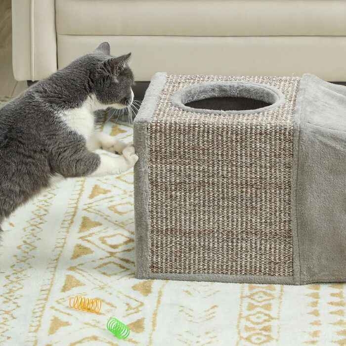 PawHut тунель для котів з іграшкою, складаний ігровий тунель із сизалю, котяча хатка, комбінований дизайн, коричневий+сірий, 98x30x30 см