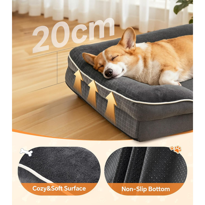 Ортопедичне ліжко для собак великих порід, м'яке плюшеве, з неслизьким дном, антистресове, для котів та собак, знімний чохол, сіре (100x70x20 см)
